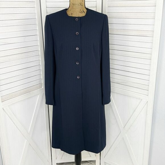 Dress Barn Pinstripe Long Line Blazer Jacket Blue Tan 10 Suit Coat - Picture 1 of 16